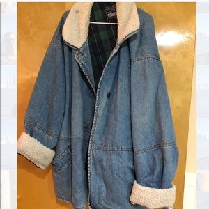 Oversized Sherpa lined denim jacket with flannel